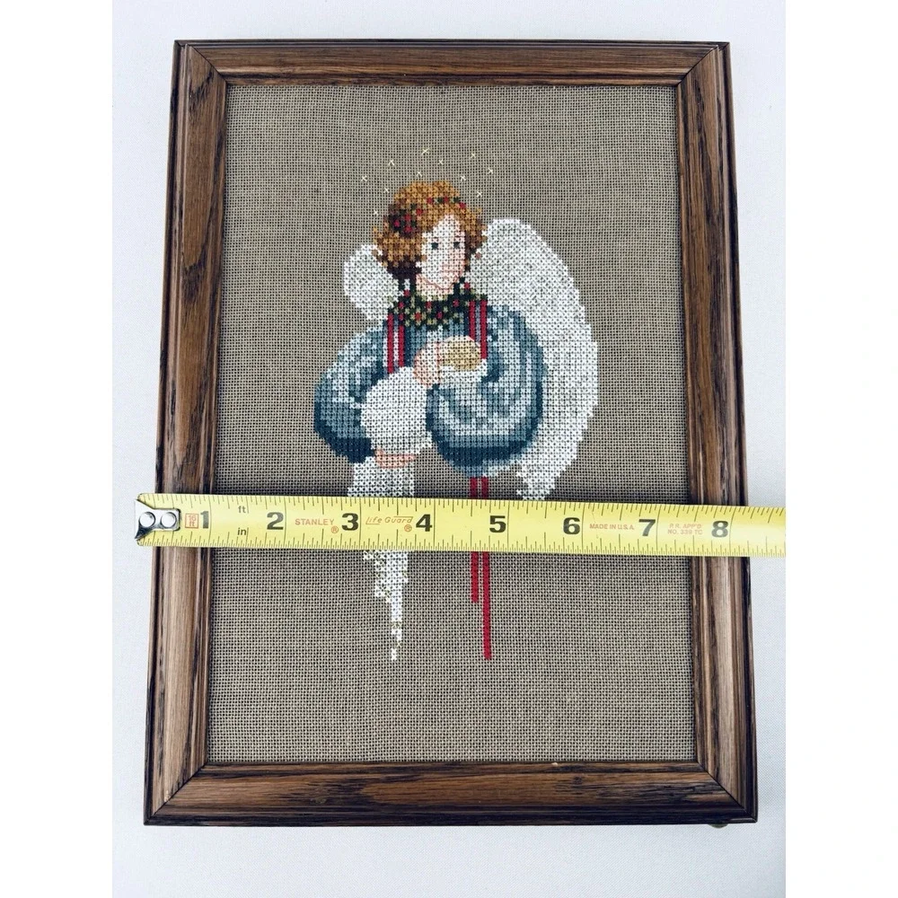 Wooden Framed Vintage Needlepoint Cross-Stitch‎ Guardian Angel Tapestry Picture